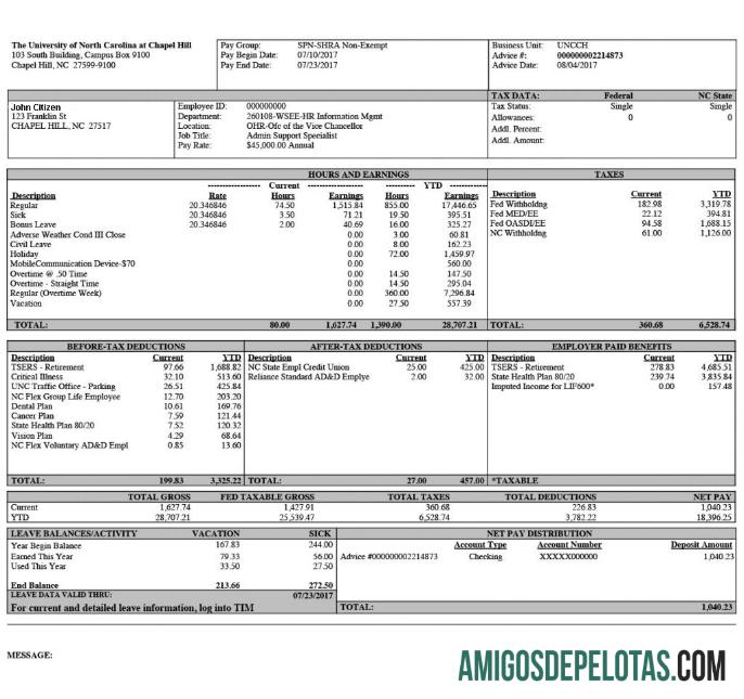 A UNIVERSIDADE da Carolina do Norte em Chapel Hill Paystub em formatos Word e PDF modelo